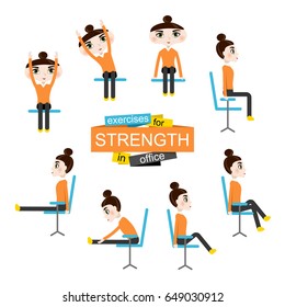 Pretty girl is doing exercises for strength on the office chair.Woman in healthy poses set. Vector illustration.