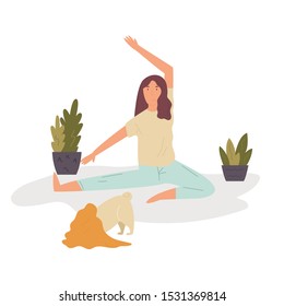 Pretty girl doing yoga with pug dog. Vector colorful illustration in a flat style. Pet lover