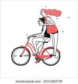 Una chica guapa vistiendo ciclismo casual con un amigo. Estilo de doodle de línea de ilustración de vector dibujado a mano.