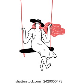 Pretty girl in dress riding on swing. Happy leisure summer activities concept. Hand drawn vector illustration doodle style.