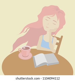 Pretty girl drinks hot coffee and reads a book. Romantic Scene and sweet dream - relaxing a happy smiling lovely young girl. Vector illustration. 