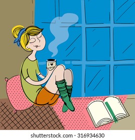 Pretty girl drinks hot coffee and reads a book sitting on a windowsill. Vector illustration