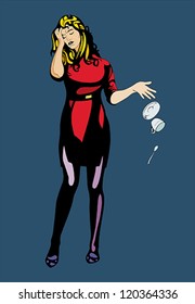 Pretty girl drops the cup and holding his head because of headaches. Vector illustration