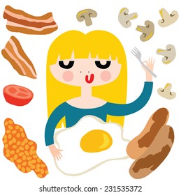 Pretty Girl Eating Fried Breakfast