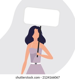 Pretty girl with an empty banner in her hands. Protest concept. Flat style. Vector.
