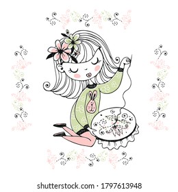 A pretty girl is engaged in needlework and embroiders a beautiful pattern on the embroidery frame. Vector.
