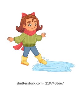 Pretty Girl Enters Into A Puddle. Kid In Rubber Yellow Boots. Cute Character With Short Hair. Autumn Illustration In Cartoon Style.