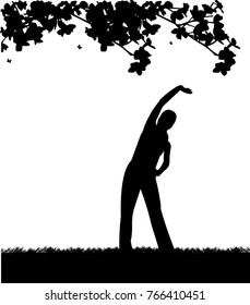 Pretty girl exercising flexibility with stretching posture outdoors in park silhouette, one in the series of similar images