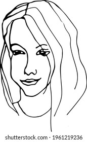 Pretty girl face with loose hair vector isolated portrait. Hand drawing outline beautiful young woman sketch 