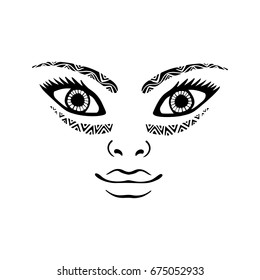Pretty girl face tattoo, portrait of beautiful woman face. Hand drawn elegant fashion woman vector in ethnic boho tribal style, isolated on white background for tattoo, stencil, textile, t shirt print