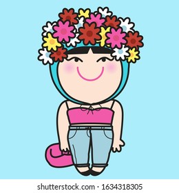 Pretty Girl With Fashion Outfit And Flower Headbands For Spring Summer Concept Card Character illustration