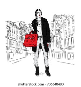 Pretty girl in fashionable clothes in the streets with a red purse. Vector illustration.