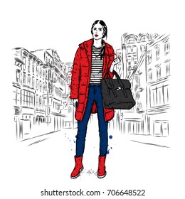 Pretty girl in fashionable clothes in the streets with a red coat. Vector illustration.