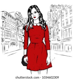 Pretty girl in fashionable clothes. Vector illustration for greeting card, poster. Fashion & Style.