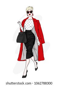 Pretty girl in fashionable clothes. Vector illustration.
