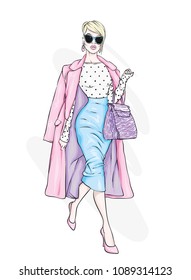 Pretty girl in fashionable clothes. Vector illustration.
