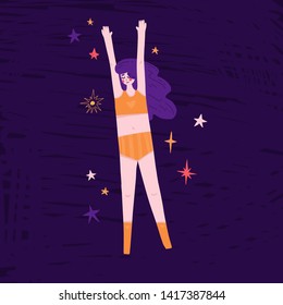 Pretty girl floating in space. Cute hand-drawn illustration with sleeping woman in pajamas and stars. Cartoon design. Vector.