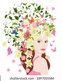 pretty girl with floral hairstyle with lilies and flying butterflies around looking over her shoulder