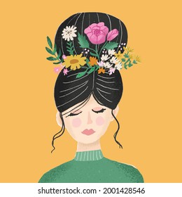 Pretty Girl with flower hair vector