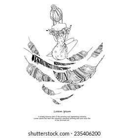 Pretty girl, flowers, card,  fashion girl, Feather