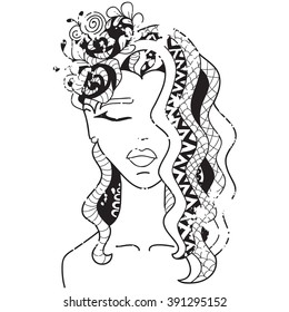 Pretty girl with flowers in her hair in zentangle style