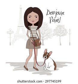 Pretty girl with french bulldog in Paris