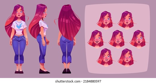 Pretty girl in front, side and back view. Young woman face with different emotions. Vector cartoon illustration of beautiful lady with long pink hair smile, sad, laugh, cry, shy and angry