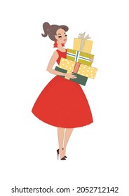 Pretty girl with gift boxes. Portrait of a happy girl in red dress holding gift boxes in her hands. Winter holiday illustration drawn in cartoon style. Vector 10 EPS.