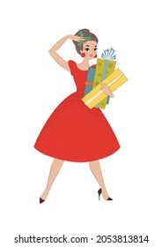 Pretty girl with gift boxes. Portrait of a smiling girl in red dress with holly berry in her hair. Winter holiday illustration drawn in cartoon style. Vector 10 EPS.