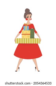 Pretty girl with gift boxes. Portrait of a happy girl in beautiful red dress holding gift boxes in her hands. Winter holiday illustration drawn in cartoon style. Vector 10 EPS.