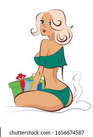Bonitas cajas de regalos y chicas. Ilustración vectorial.