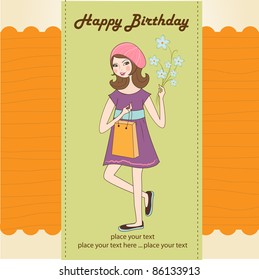 pretty girl with gift and flowers. birthday card