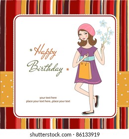 pretty girl with gift and flowers. birthday card