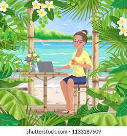 Pretty girl in glasses sits on terrace near tropical sea beach. Happy young woman drinks juice and works on laptop. Theme of freelance, remote work, vacation and travel. Vector flat illustration.
