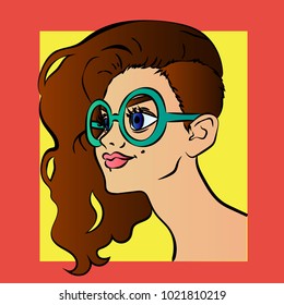 Pretty girl in glasses vector cartoon illustration in pop art style