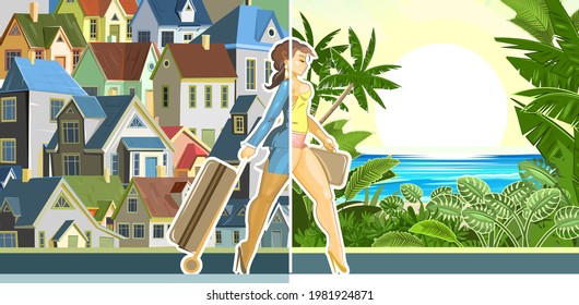 Pretty girl goes on vacation. Moving from a stuffy city to the sea with a beach. Beautiful woman on a journey. Cartoon flat style. Travel. Illustration vector