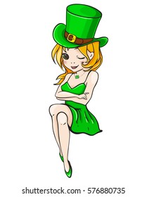 Pretty Girl in a green dress and hat on a white background. Character for St. Patrick's day