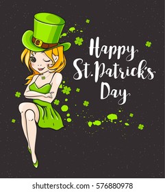 Pretty Girl in a green dress and lettering on a black background. Greeting card for St. Patrick's day