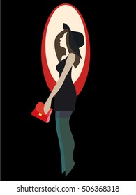 Pretty girl in hat and black tender dress, stockings and holding red clutch. Cute girl for clearance sale and greeting cards. Red, grey, black. Hand drawn character isolated on black background.