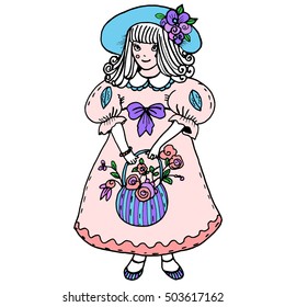 Pretty girl in hat and colorful tender dress with bow and floral basket. Cute child for invitations and wedding cards. Bridesmaid. Pink,blue, lilac.
Hand drawn character isolated on white background. 