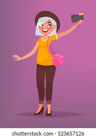 Pretty girl in a hat makes selfie. Vector illustration in cartoon style