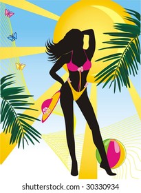 Pretty girl with hat on a beach. Vector