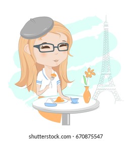 Pretty girl having breakfast in a street cafe in Paris hand draw vector illustration.