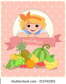 Pretty Girl with Healthy Food. Retro stylized Illustration.