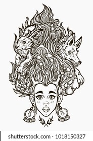 Pretty girl with her long hair and animals. Female portrait. Forest spirit. Vector isolated illustration. Fantasy, beauty, boho style stickers, coloring books.