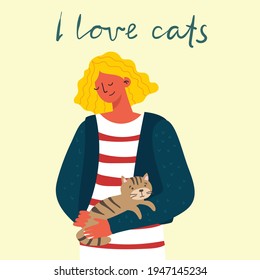 Pretty girl holding a cute cat in her lap in the flat design