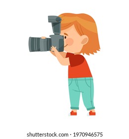 Pretty Girl Holding Digital Camera Taking Photograph Vector Illustration