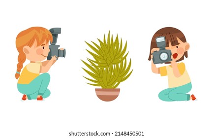 Pretty Girl Holding Digital Camera Taking Photograph Vector Illustration Set