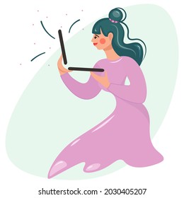 A pretty girl is holding a laptop in her hands. A young successful woman in a pink dress is working at a computer. Distance learning, freelance, blogging. Vector illustration. Cartoon flat style.