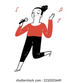 The pretty girl is holding a microphone singing. Hand drawing vector illustration doodle style.